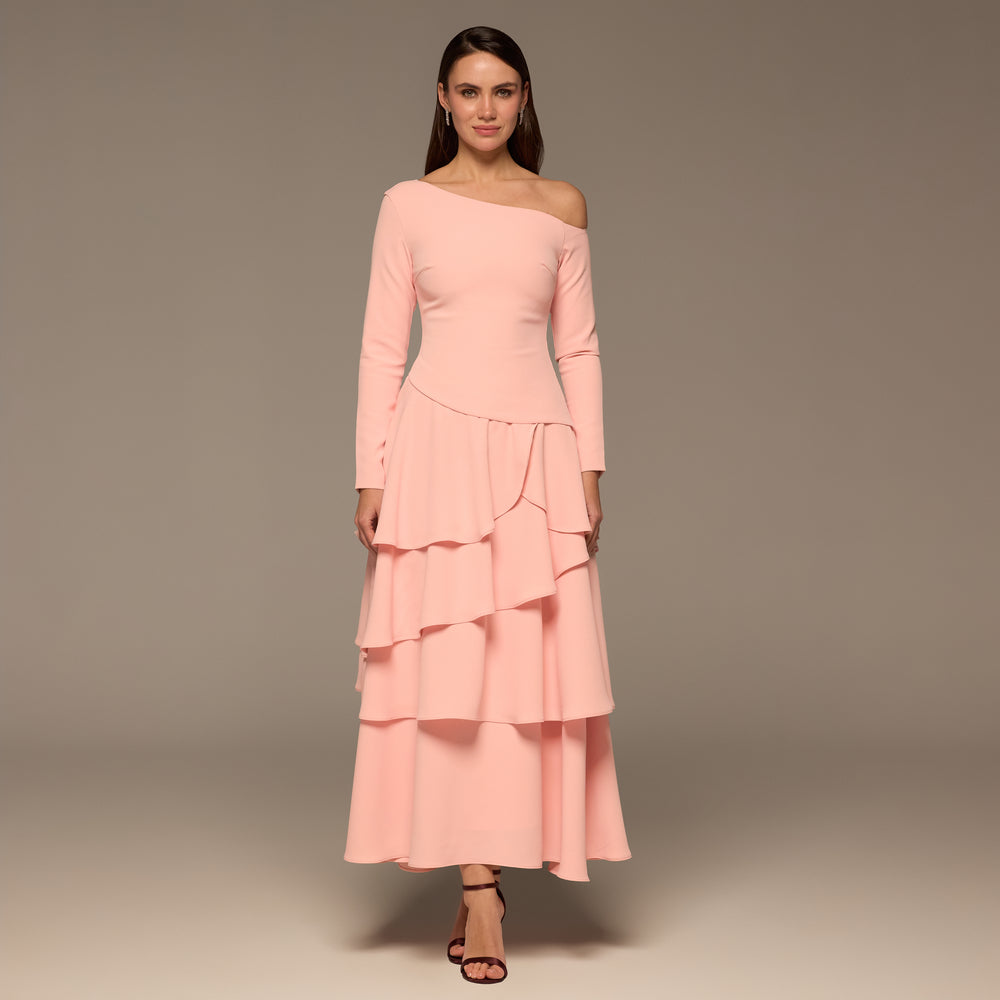 Pink One-Shoulder Tiered Ruffle Dress