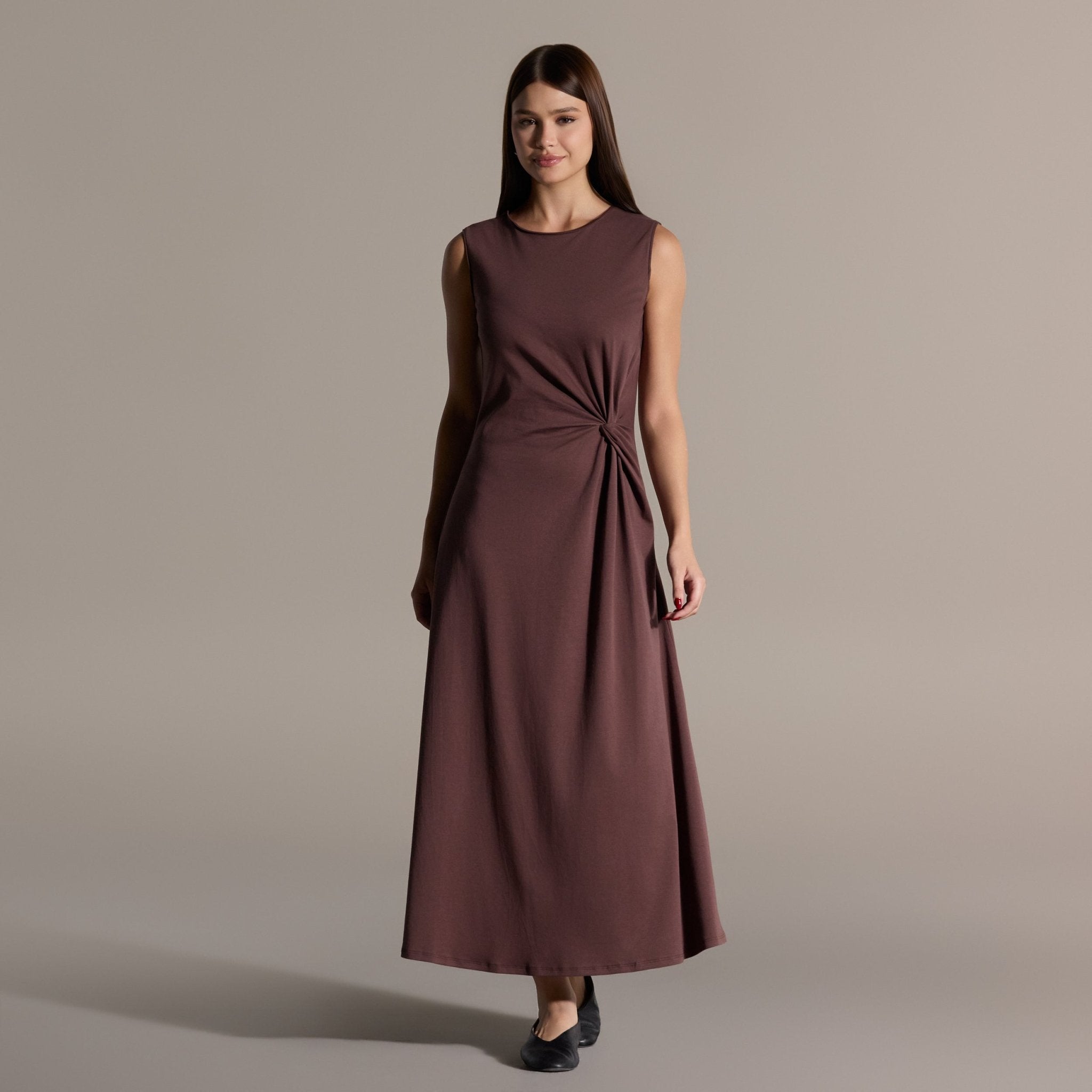 100% Cotton Brown Side Knot Cotton Midi Dress - shopaleena