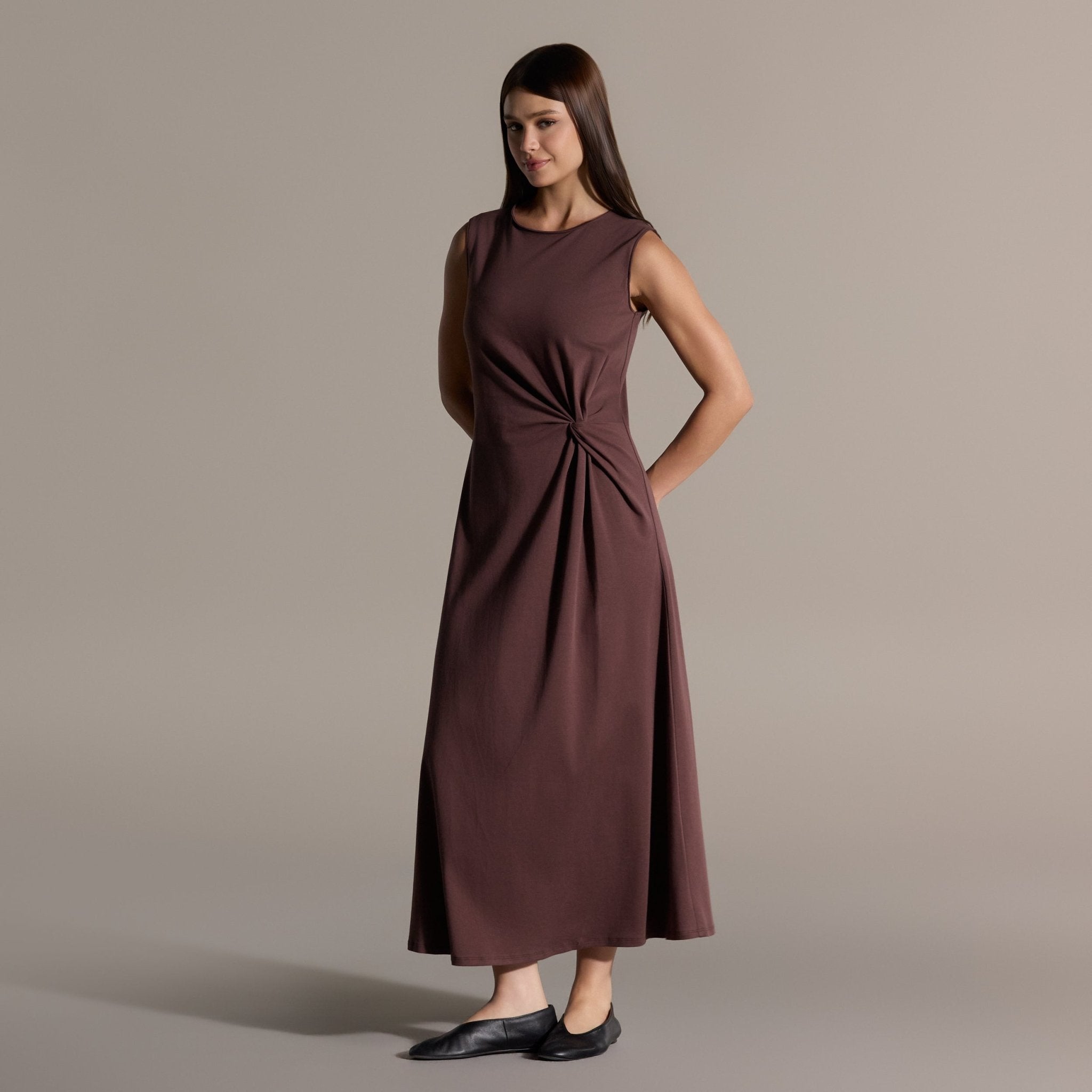 100% Cotton Brown Side Knot Cotton Midi Dress - shopaleena