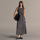 100% Cotton Gray Side Knot Midi Dress - shopaleena