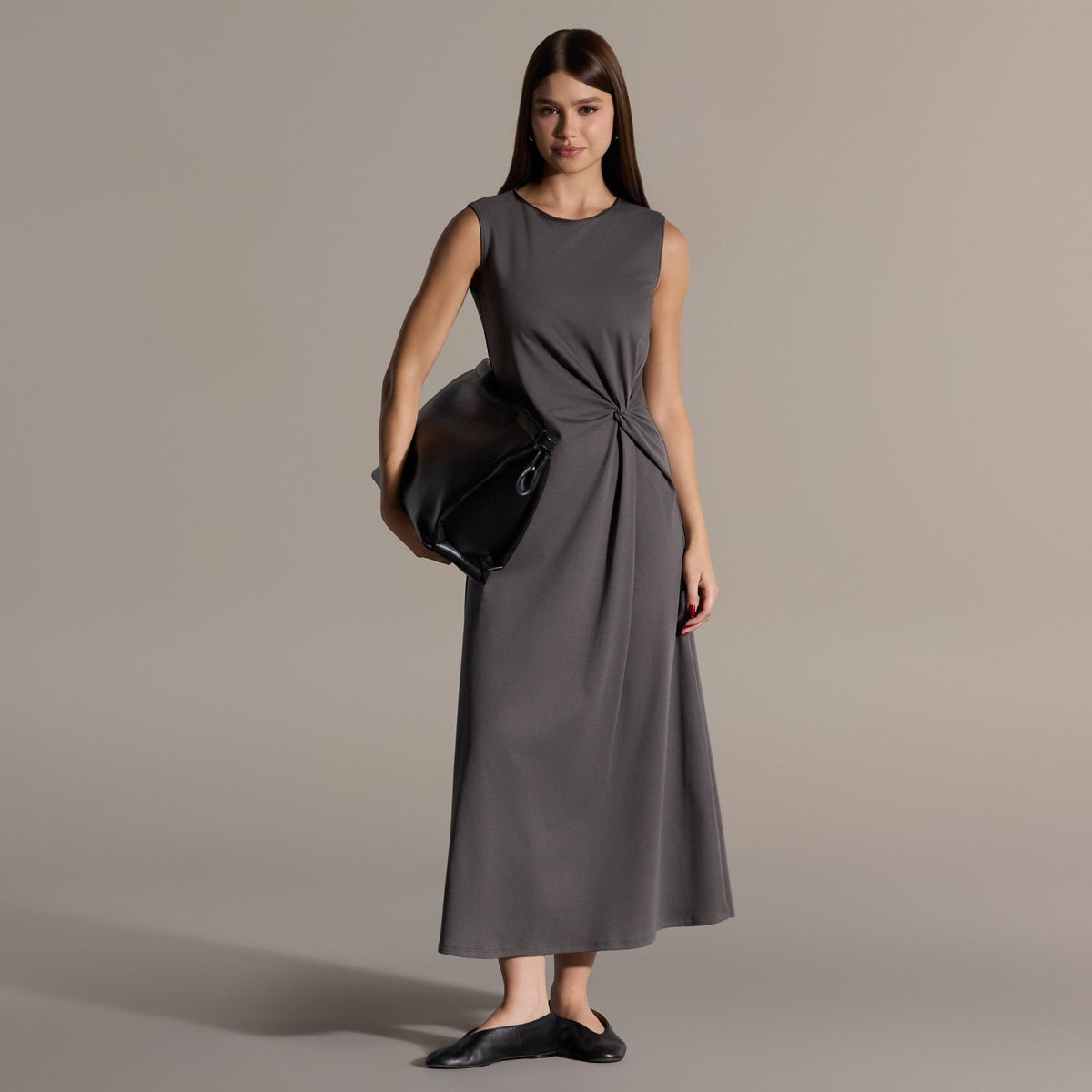 100% Cotton Gray Side Knot Midi Dress - shopaleena