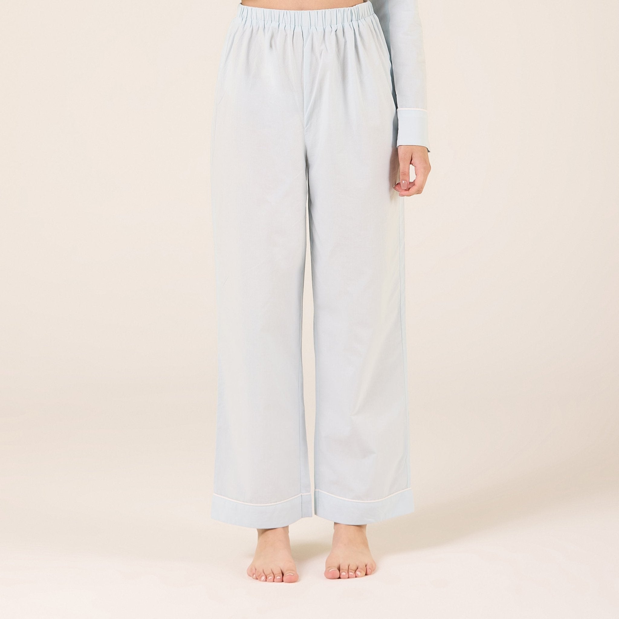 100% Cotton Light Blue Cotton Wide Leg Pants - shopaleena