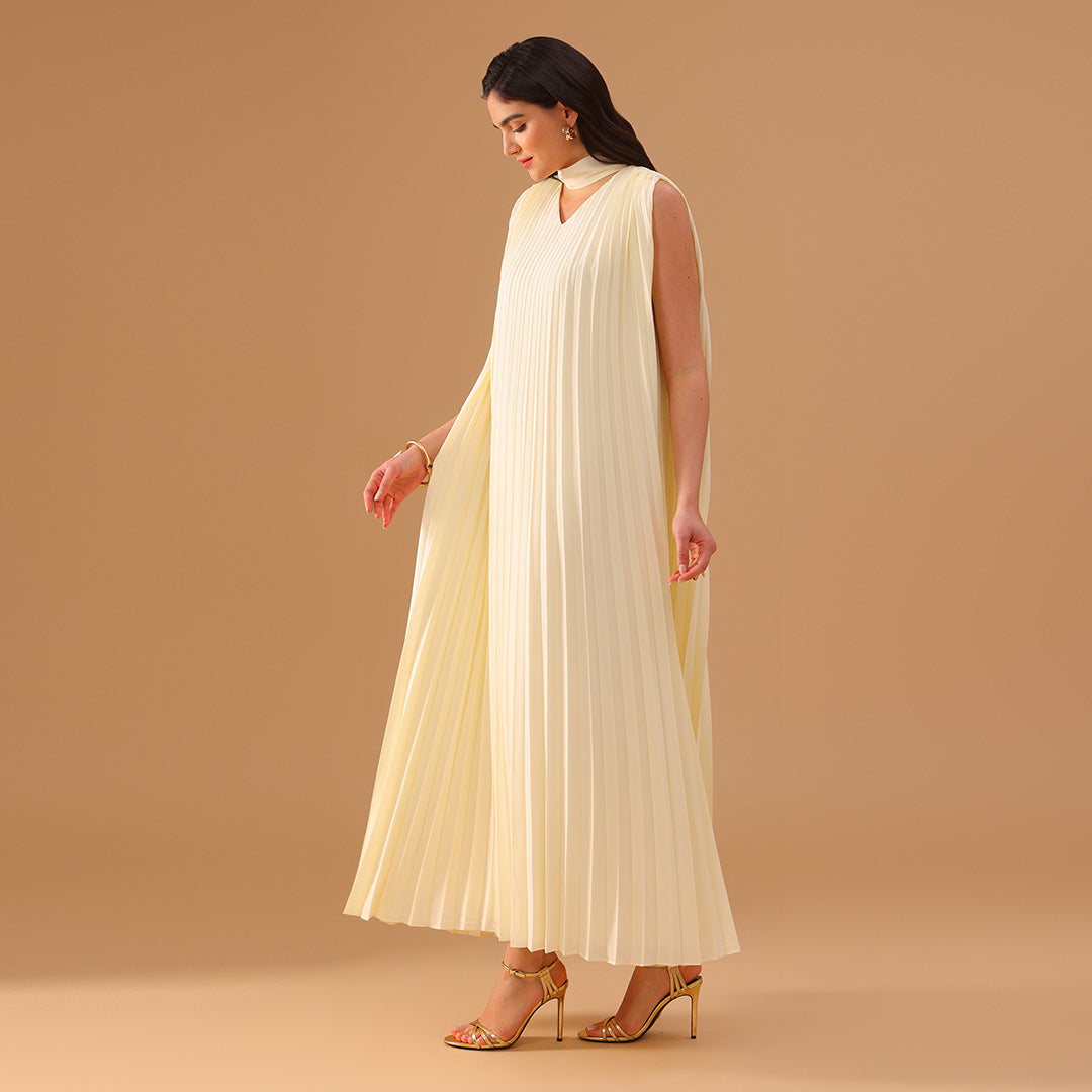 Beige Sleeveless Chiffon Pleated Dress