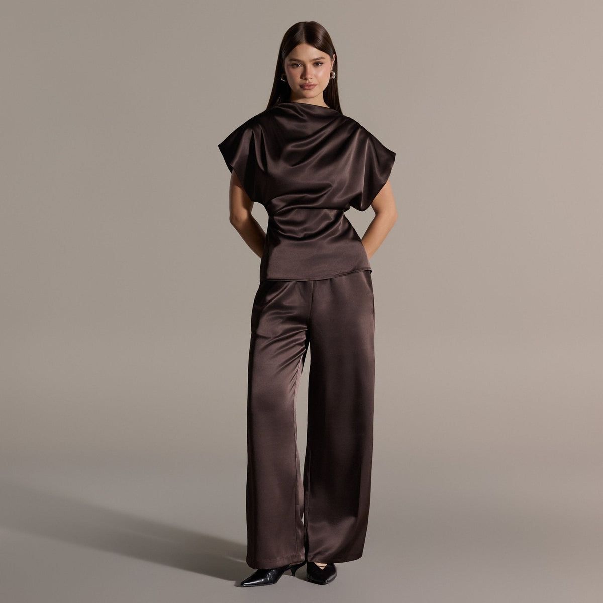 2 Piece Draped Satin Blouse & Wide Leg Pants Set - shopaleena