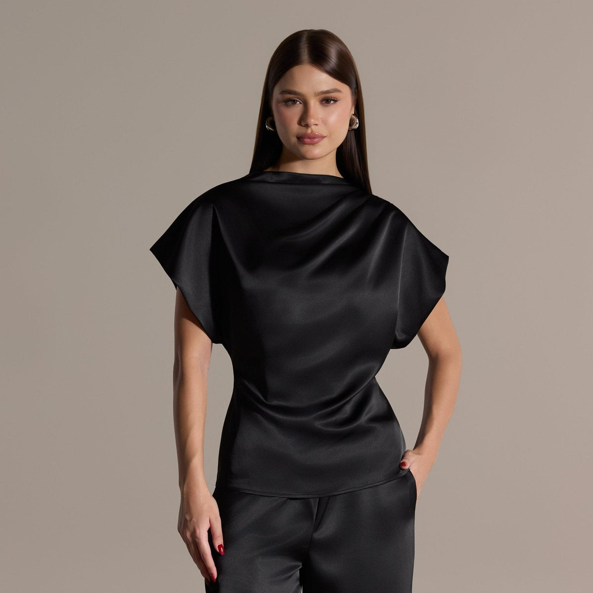2 Piece Draped Satin Blouse & Wide Leg Pants Set - shopaleena