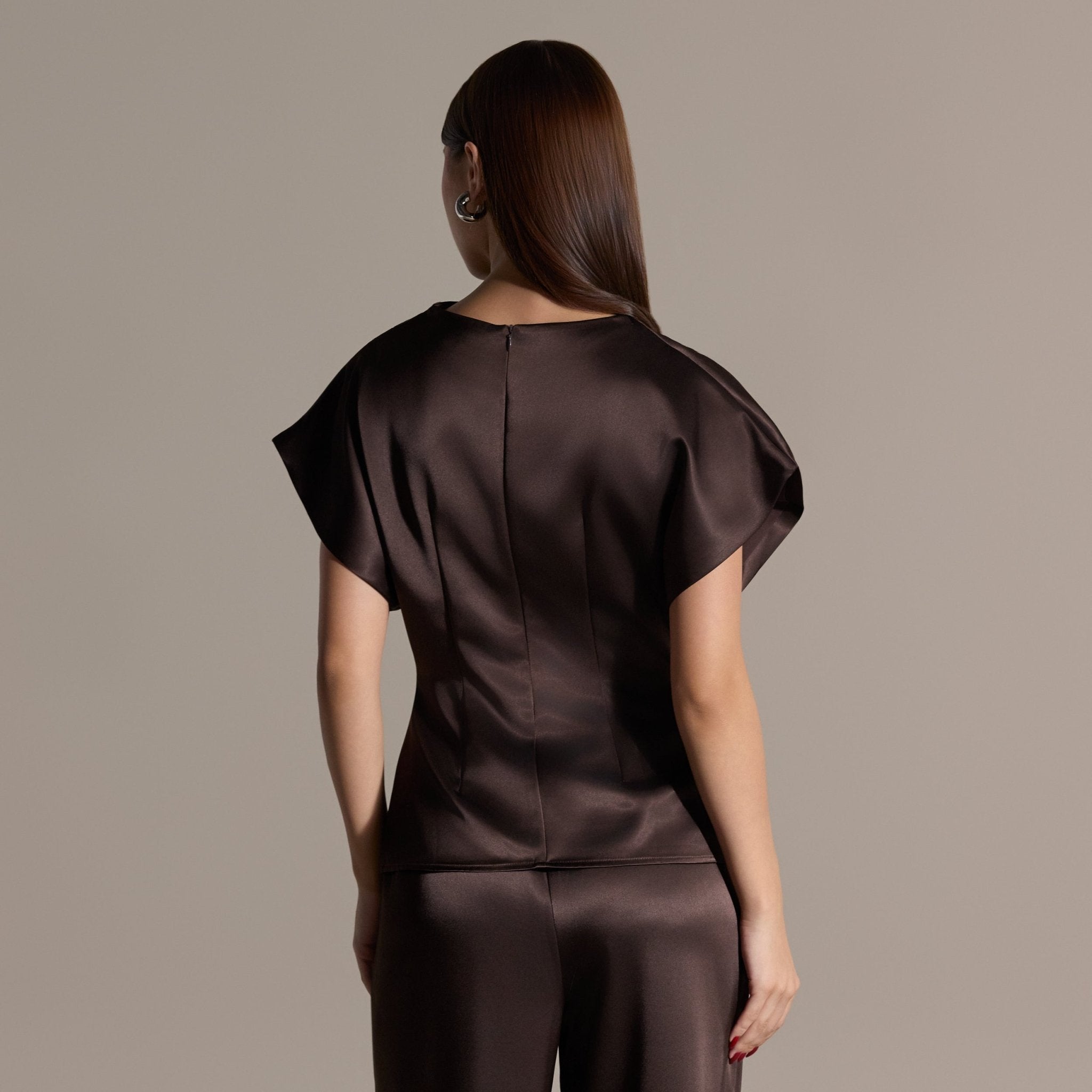 2 Piece Draped Satin Blouse & Wide Leg Pants Set - shopaleena