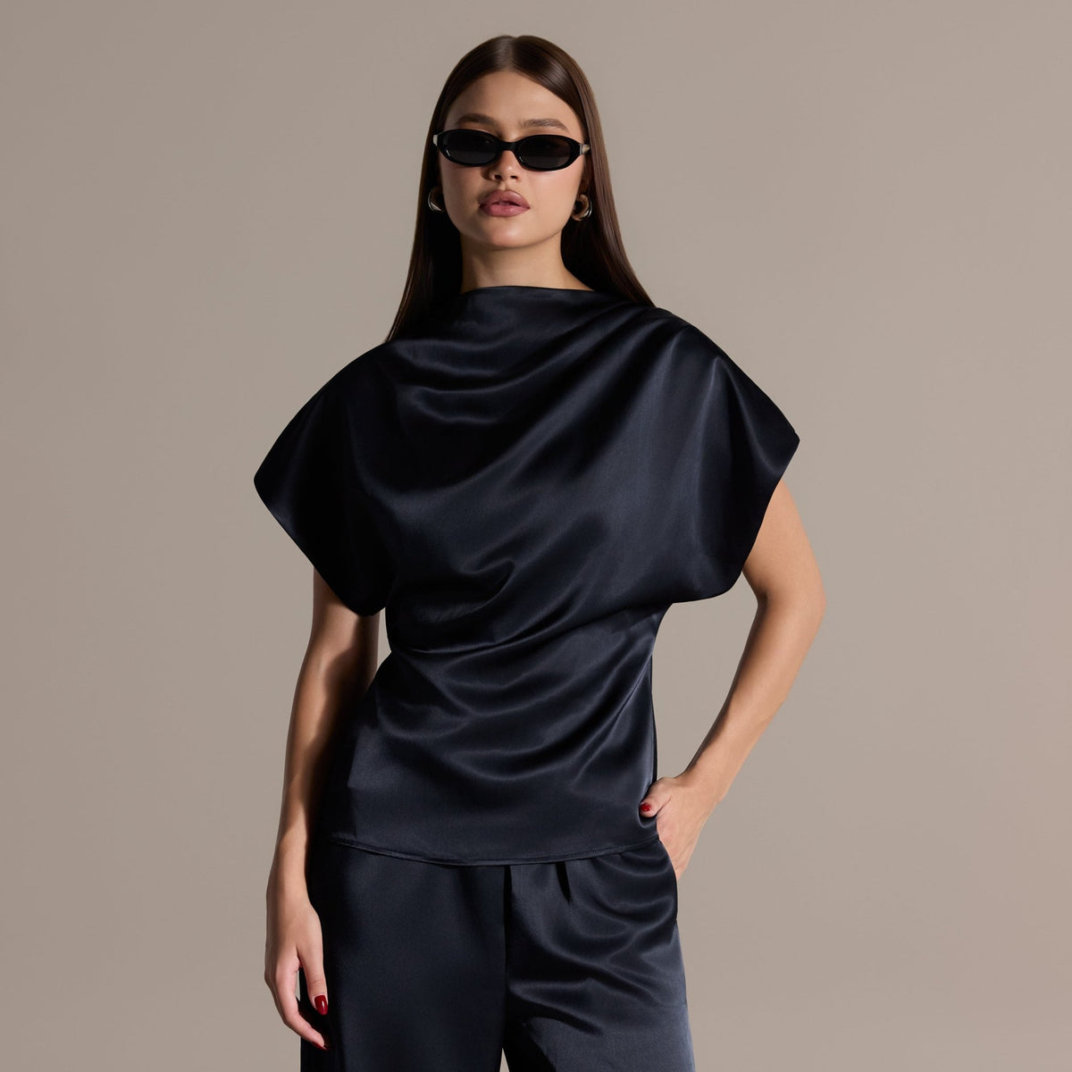 2 Piece Draped Satin Blouse & Wide Leg Pants Set - shopaleena