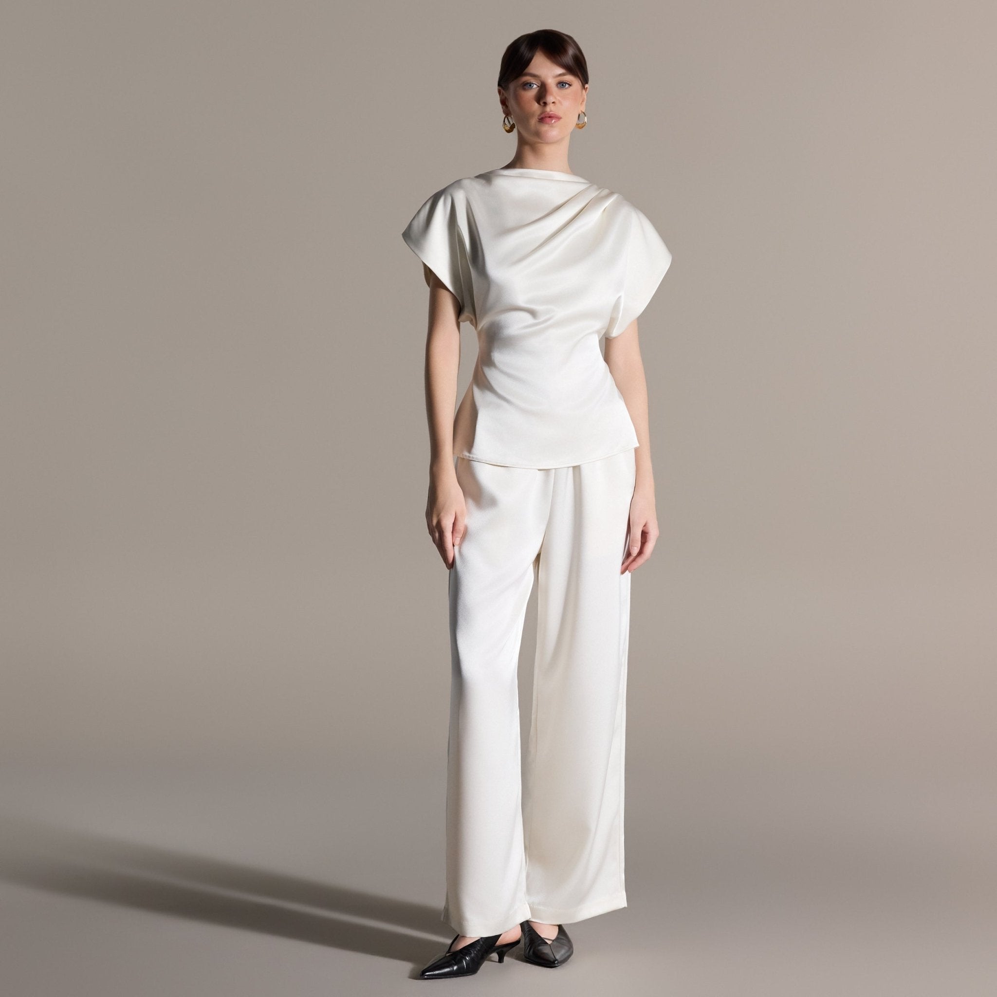 2 Piece Draped Satin Blouse & Wide Leg Pants Set - shopaleena