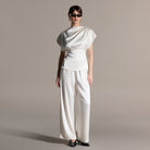 2 Piece Draped Satin Blouse & Wide Leg Pants Set - shopaleena