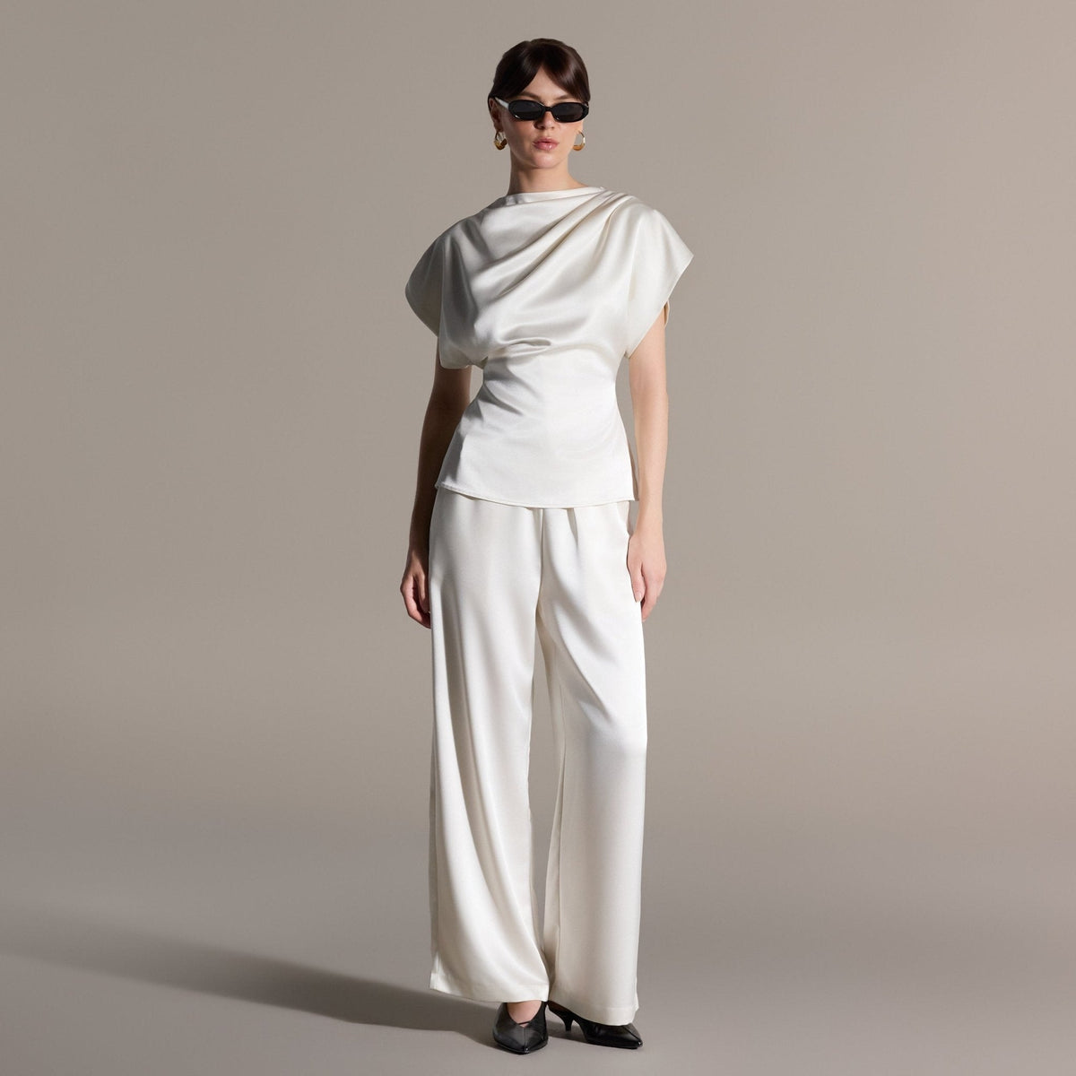 2 Piece Draped Satin Blouse & Wide Leg Pants Set - shopaleena