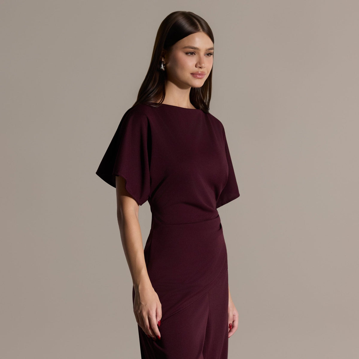 2 Piece Set Burgundy Draped Top & Wide Leg Pants - shopaleena