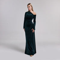 Dark Green Velvet Bare Shoulder Maxi Dress - shopaleena