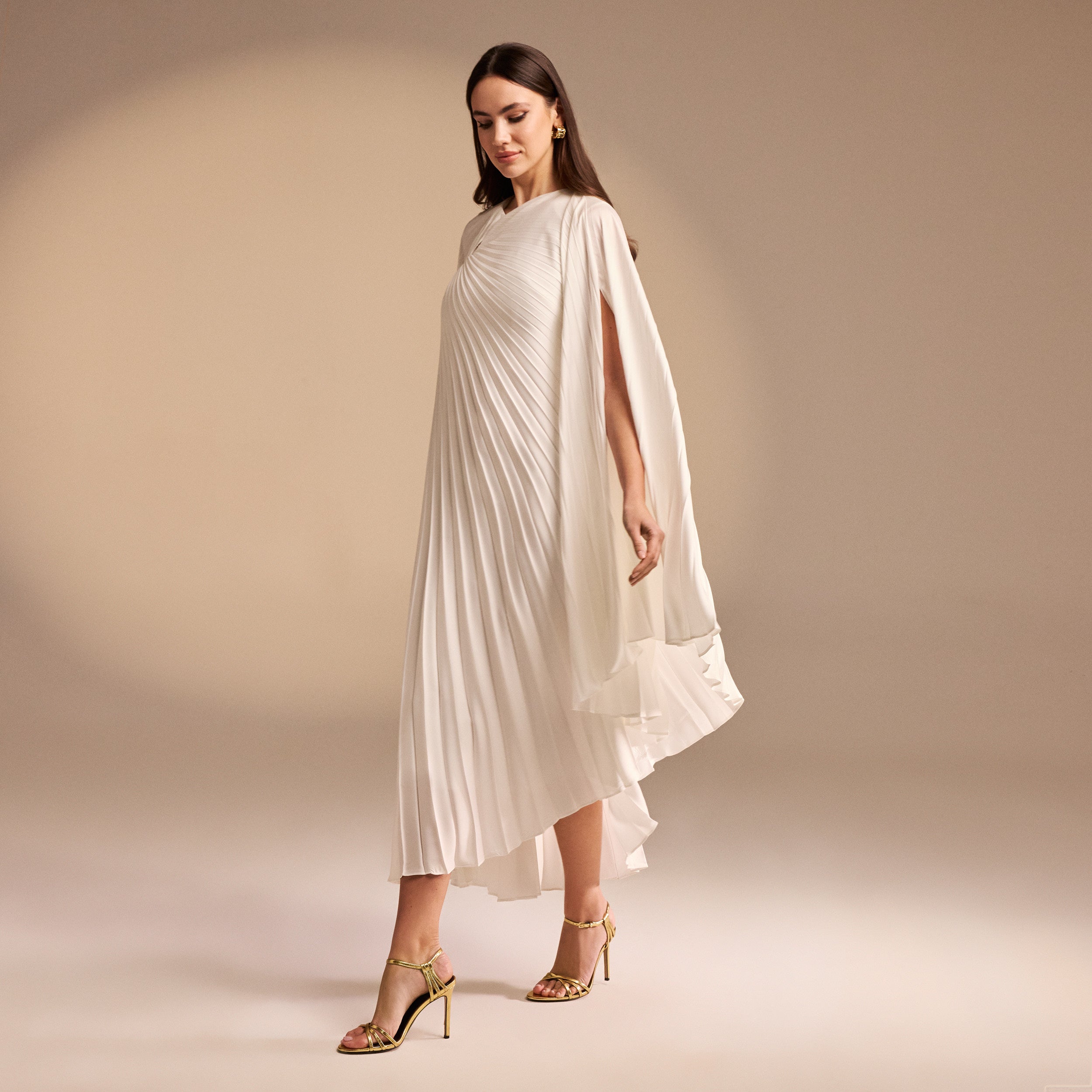Ivory Cape Pleated Satin Midi Dress – shopaleena