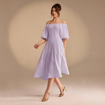 Balloon-Sleeved Off-Shoulder Linen Cotton Blend Midi Dress