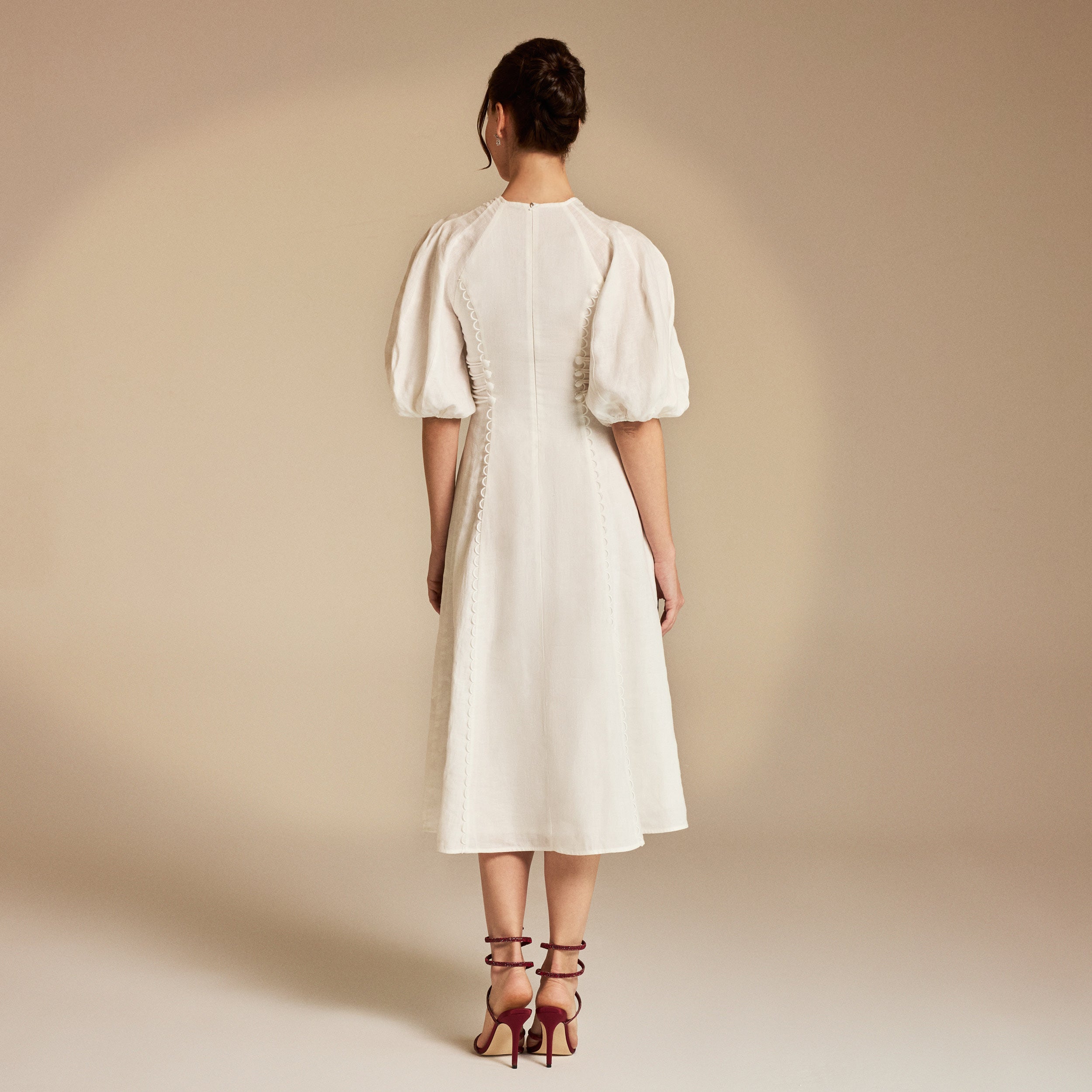 Off White Crew Neck Balloon Sleeve Midi Dress – shopaleena