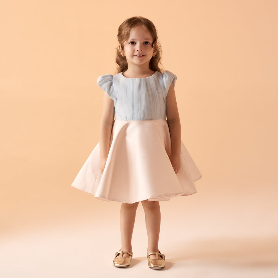 Light Blue & Beige Short Sleeve Taffeta Dress