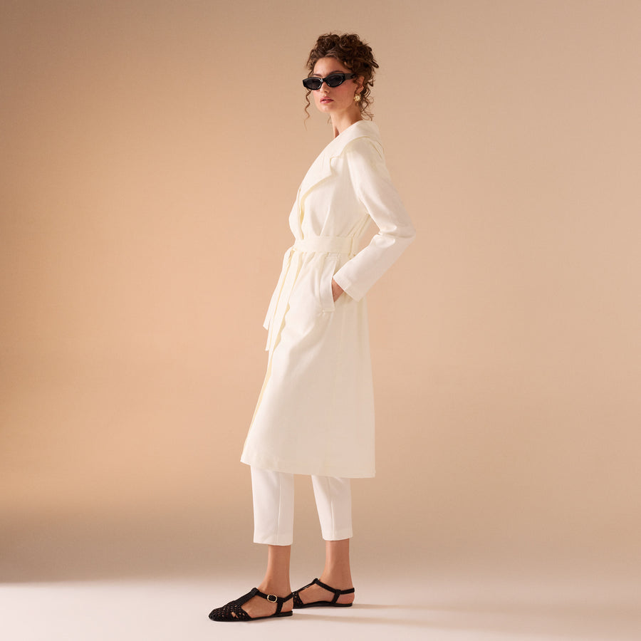 Off White Light Linen Trench Coat