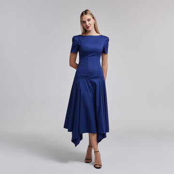 Fitted Waist Flared Twill Midi Dress