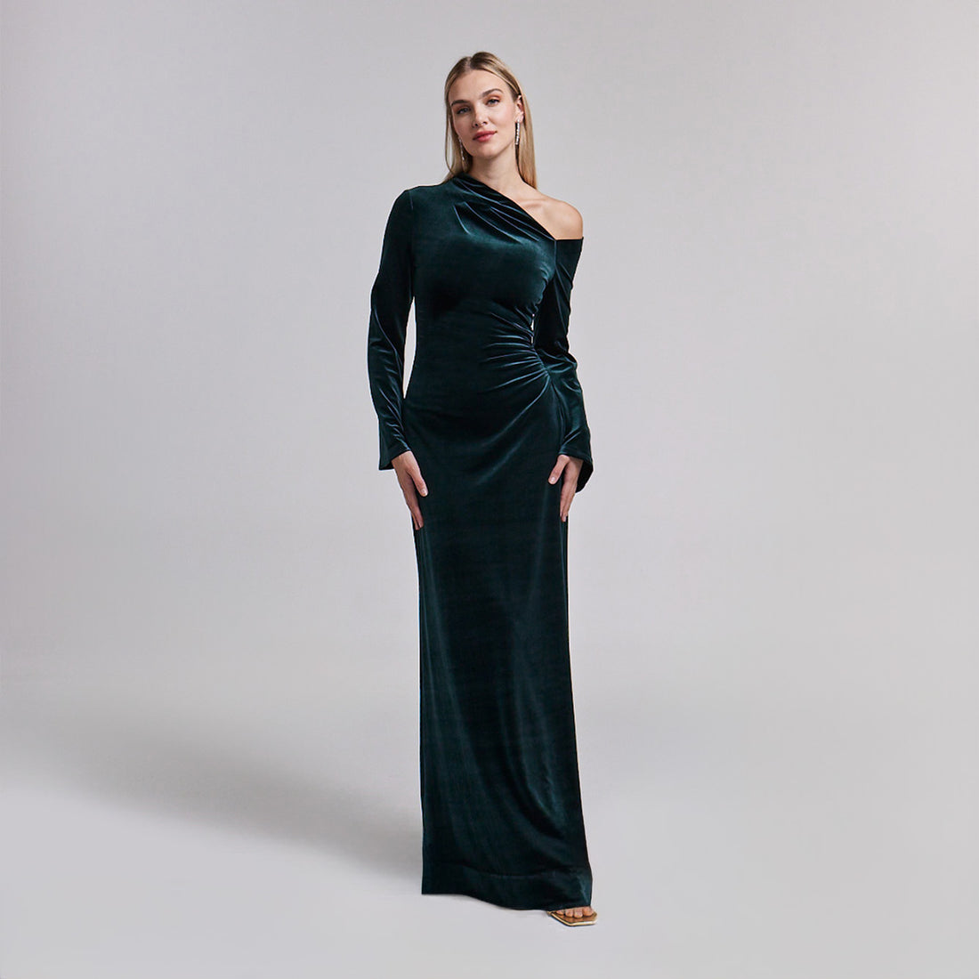 Dark Green Velvet Bare Shoulder Maxi Dress - shopaleena