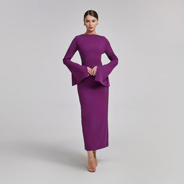 Purple Flared Long Sleeve Maxi Dress