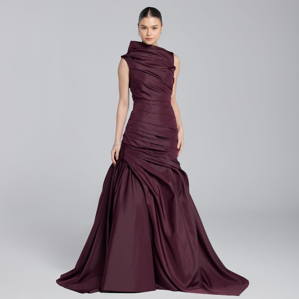 Burgundy Draped Taffeta Fishtail Gown
