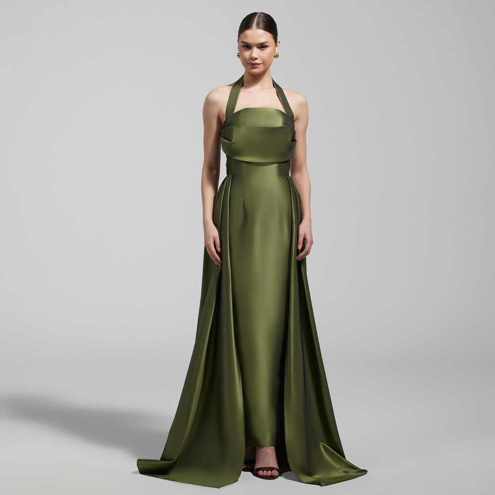 Green Taffeta Halter Neck Maxi Dress