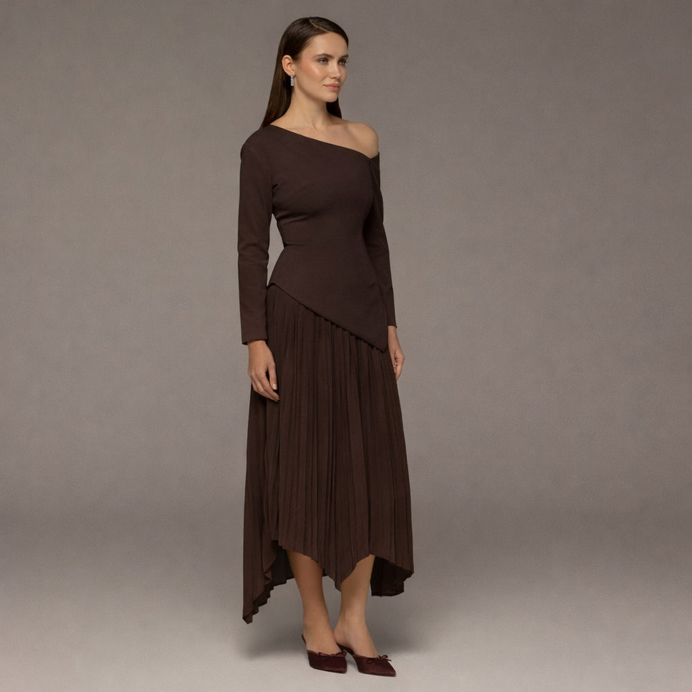 Brown One-shoulder Crepe Dress With Pleated Skirt