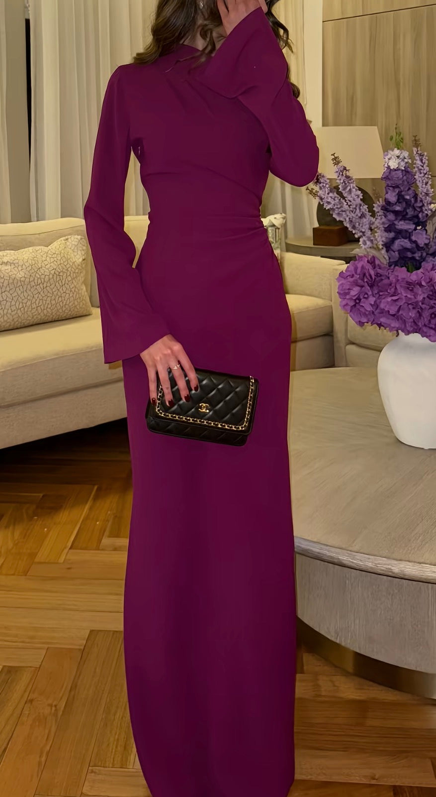 purple emmy crepe dress V-Neck Long Sequin Prom Dress with Lace-Up Back Royal / 4