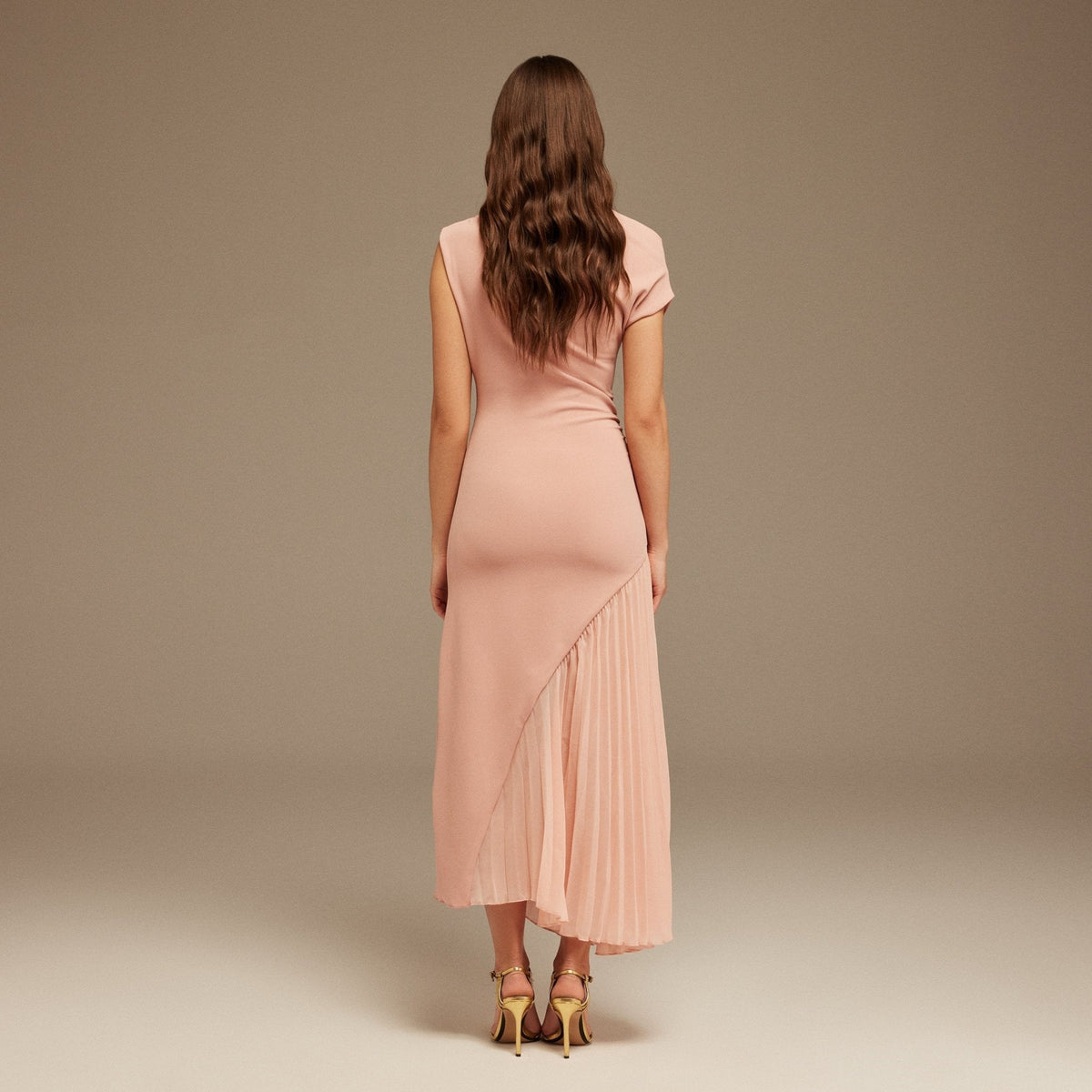 Asymmetric Neckline Midi Dress with Pleats - shopaleena