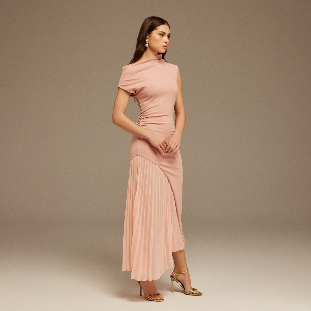 Asymmetric Neckline Midi Dress with Pleats - shopaleena