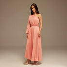 Asymmetric One Sleeve Pleated Long Dress - shopaleena