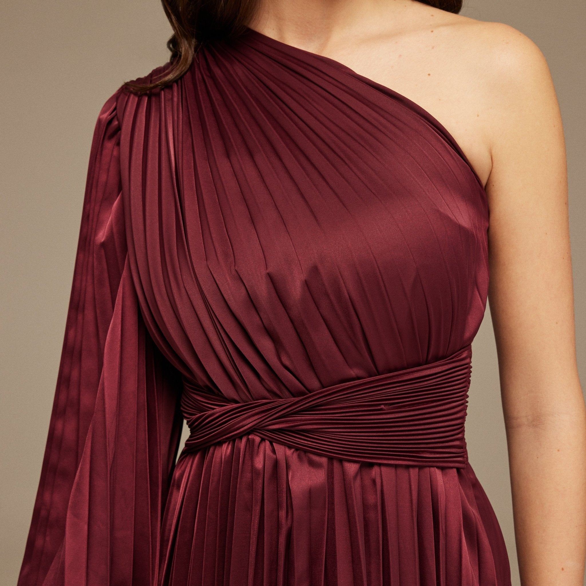 Asymmetric One Sleeve Pleated Long Dress - shopaleena