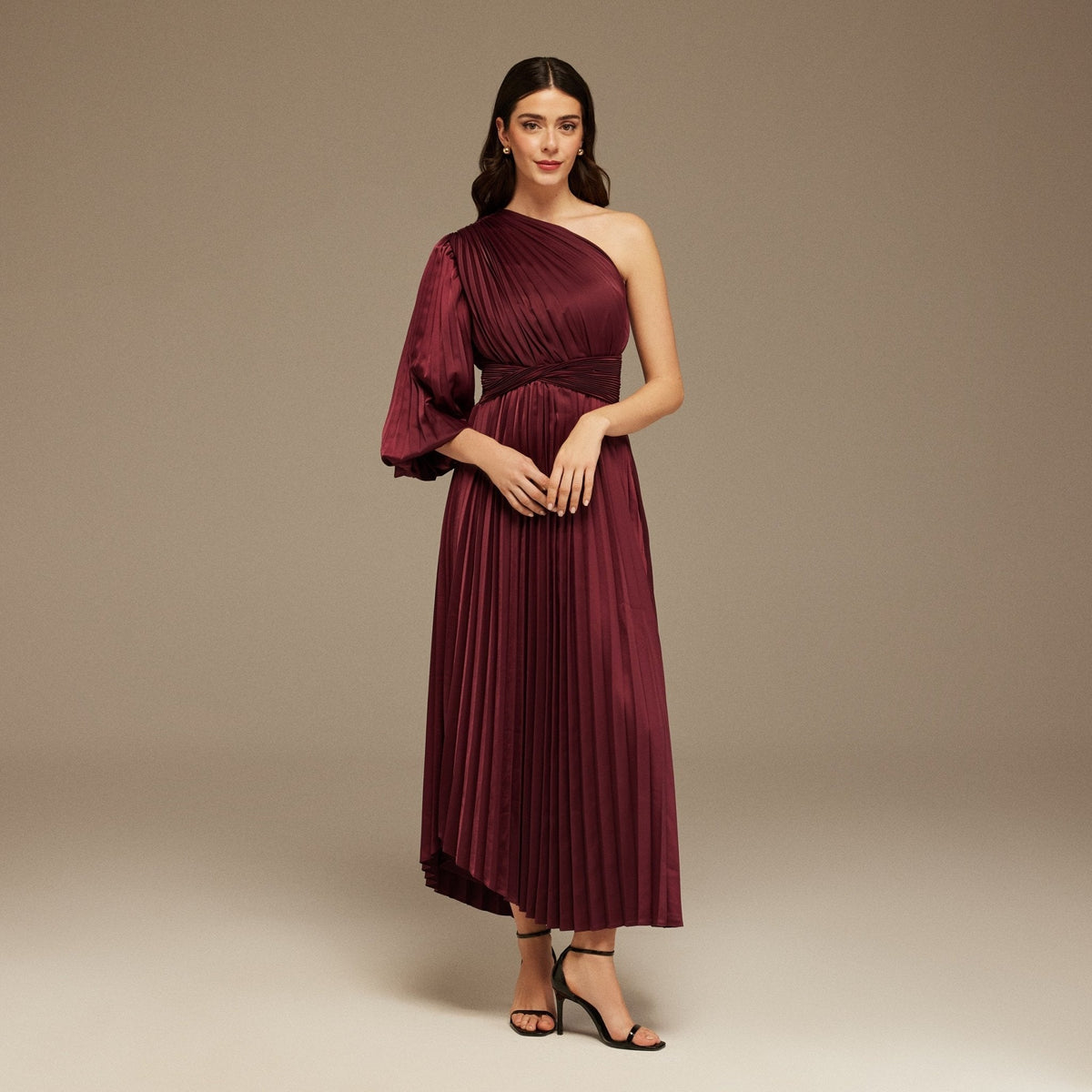 Asymmetric One Sleeve Pleated Long Dress - shopaleena