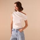 Asymmetric Shoulder Poplin Top - shopaleena