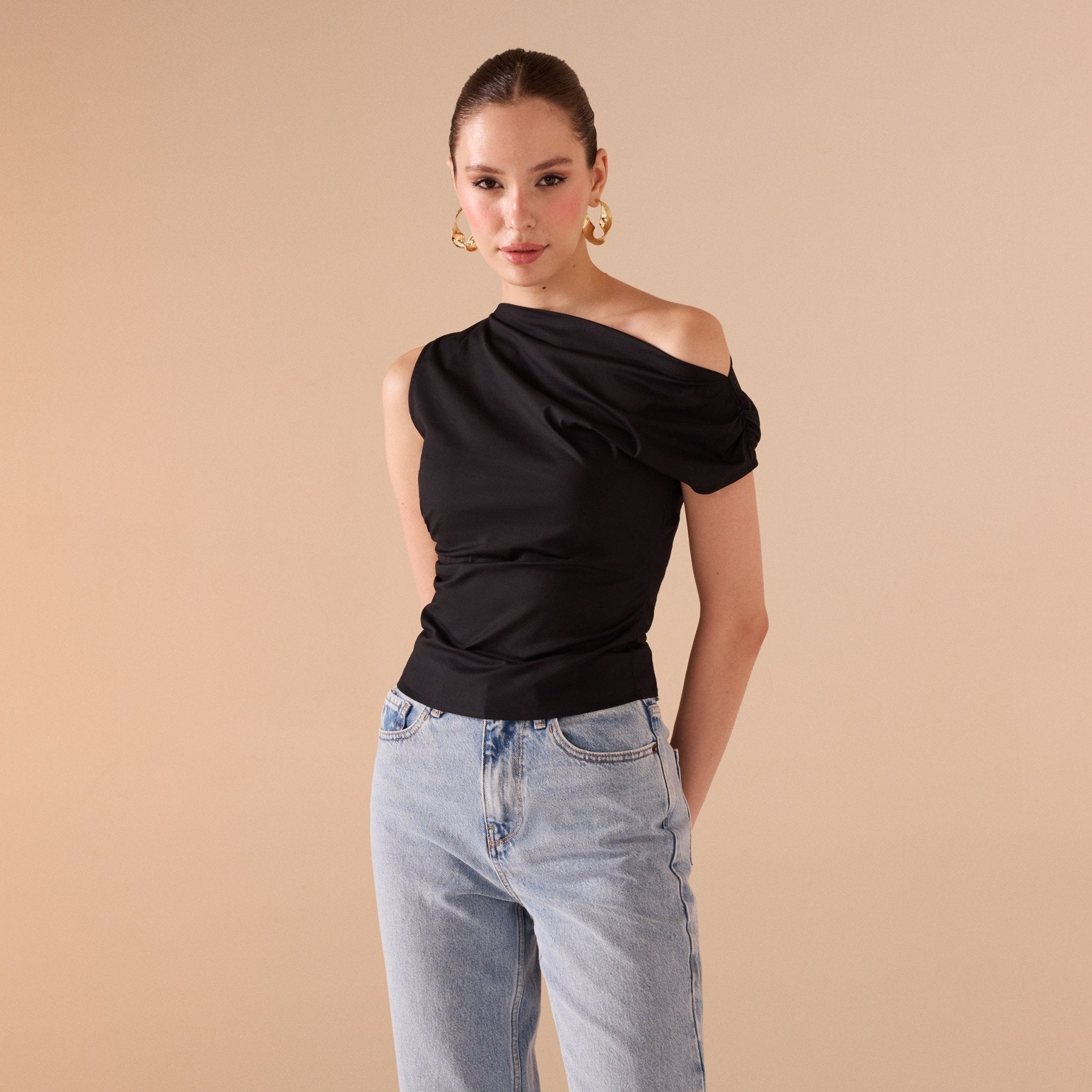 Asymmetric Shoulder Poplin Top - shopaleena