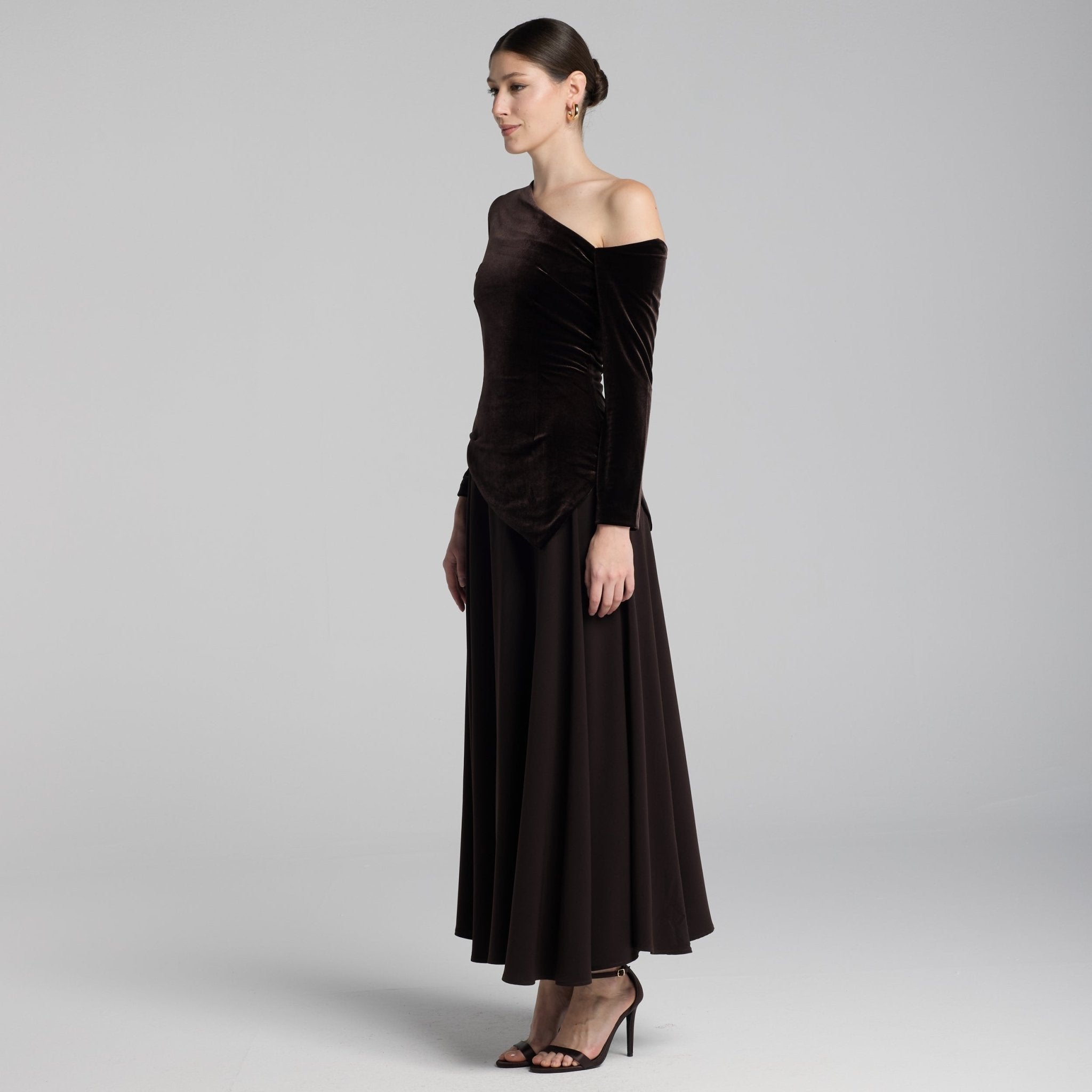Asymmetric Velvet and Crepe A-Line Dress - shopaleena