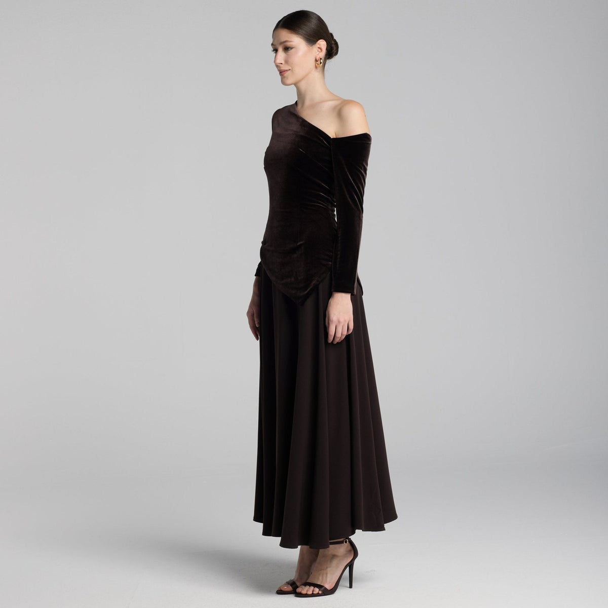 Asymmetric Velvet and Crepe A-Line Dress - shopaleena