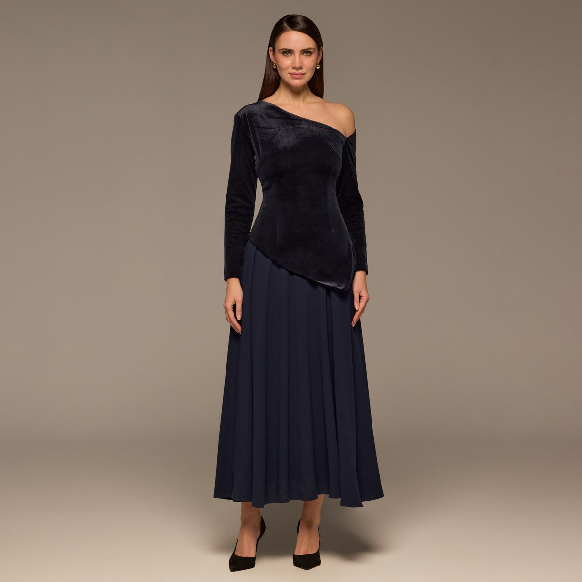 Asymmetric Velvet and Crepe A-Line Dress - shopaleena