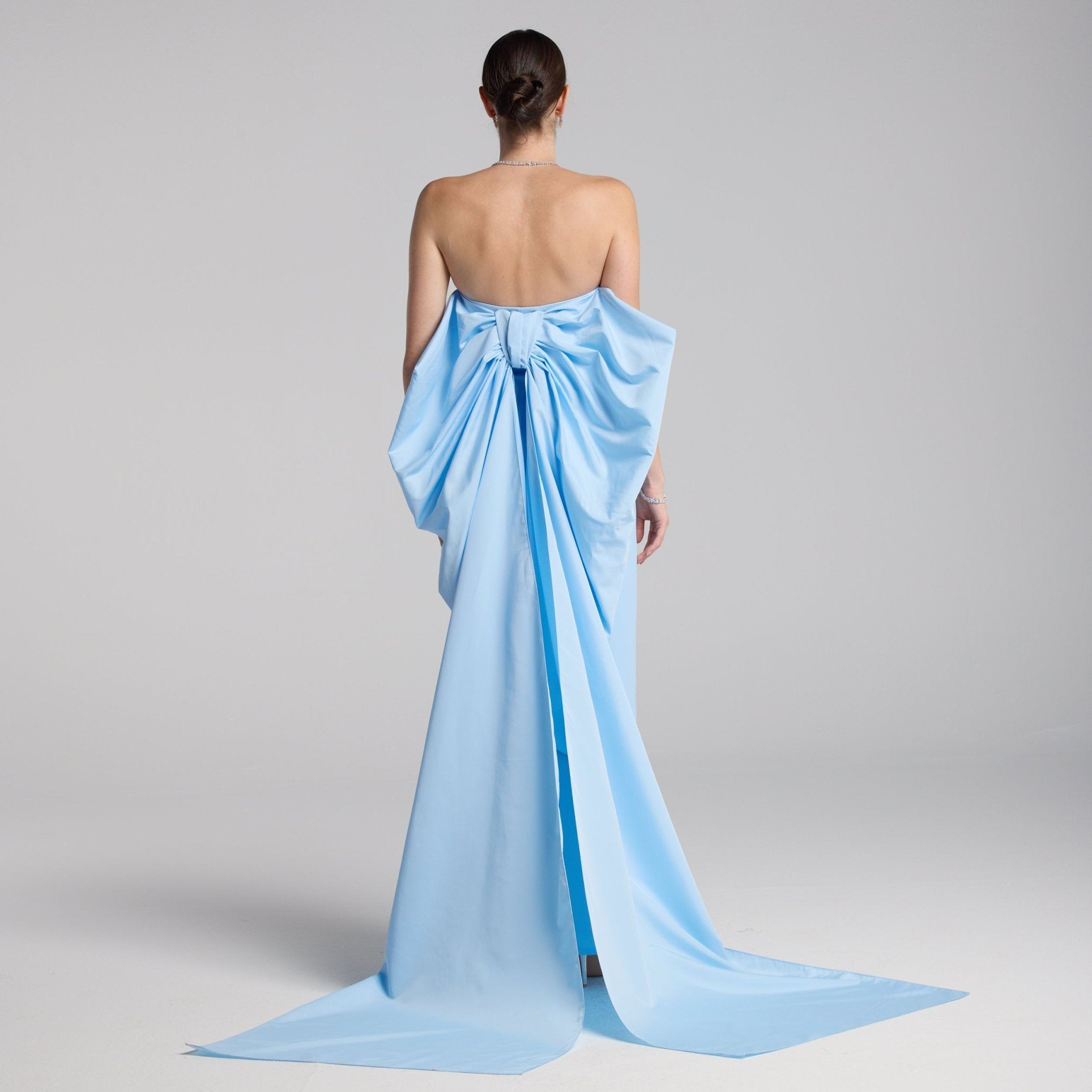 Baby Blue Crepe and Taffeta Strapless Bow Gown - shopaleena