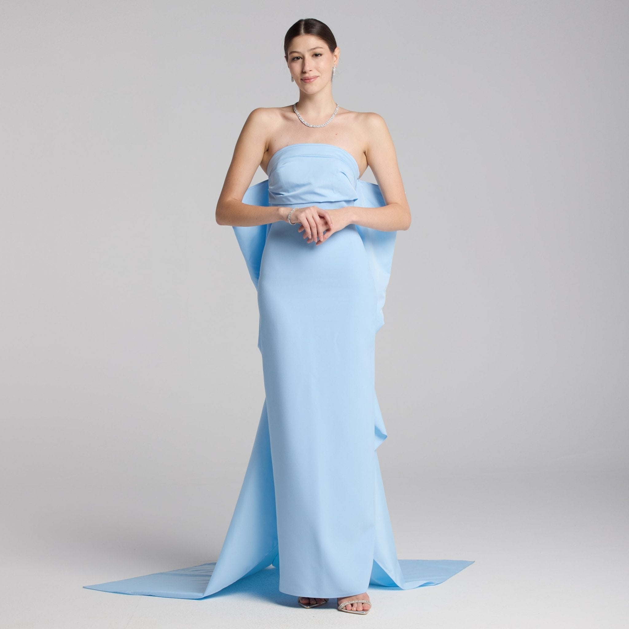 Baby Blue Crepe and Taffeta Strapless Bow Gown - shopaleena