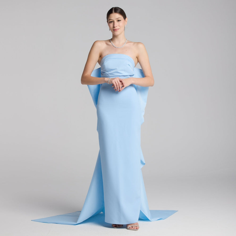 Baby Blue Crepe and Taffeta Strapless Bow Gown - shopaleena