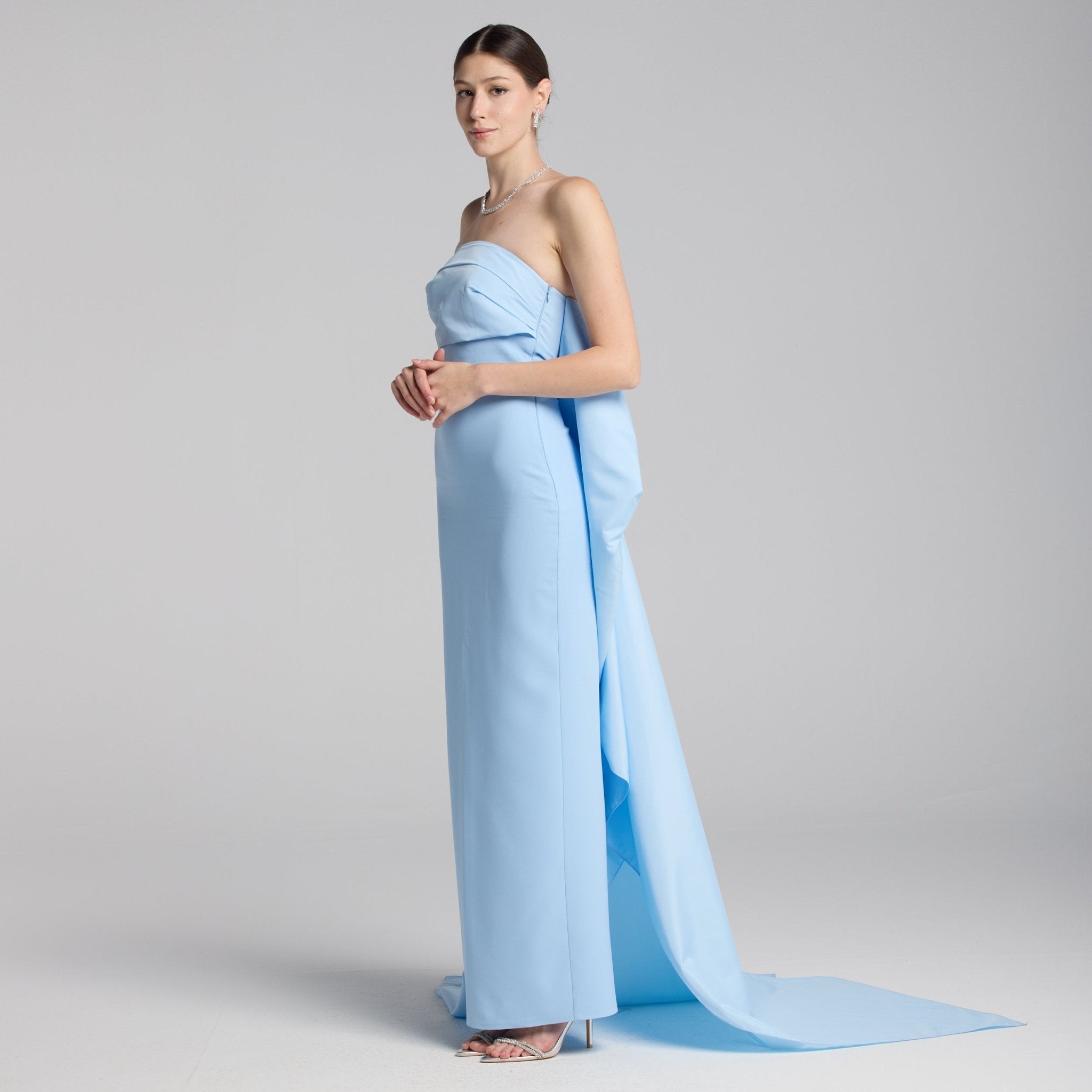 Baby Blue Crepe and Taffeta Strapless Bow Gown - shopaleena