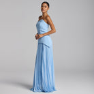 Baby Blue Crepe & Chiffon Dress with Pleated Skirt - shopaleena