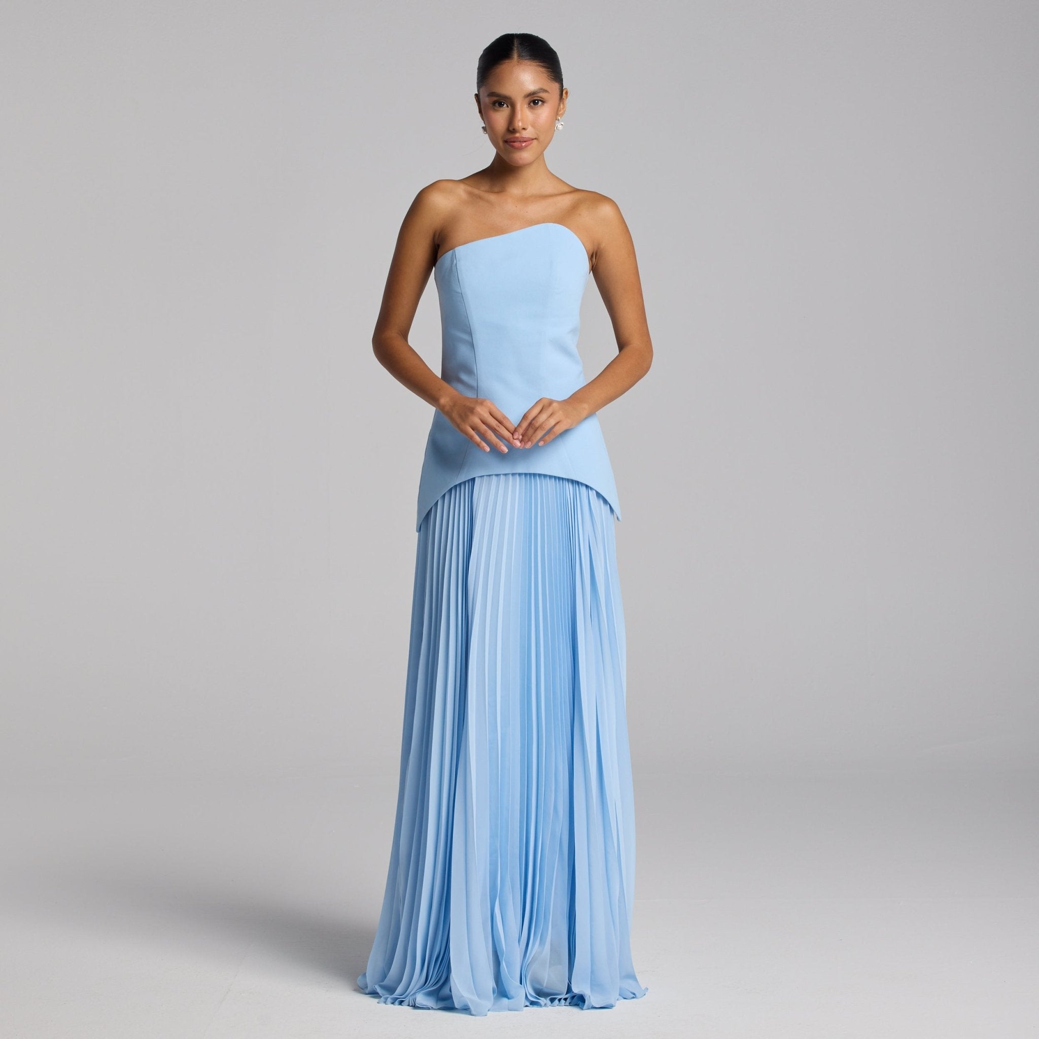 Baby Blue Crepe & Chiffon Dress with Pleated Skirt - shopaleena