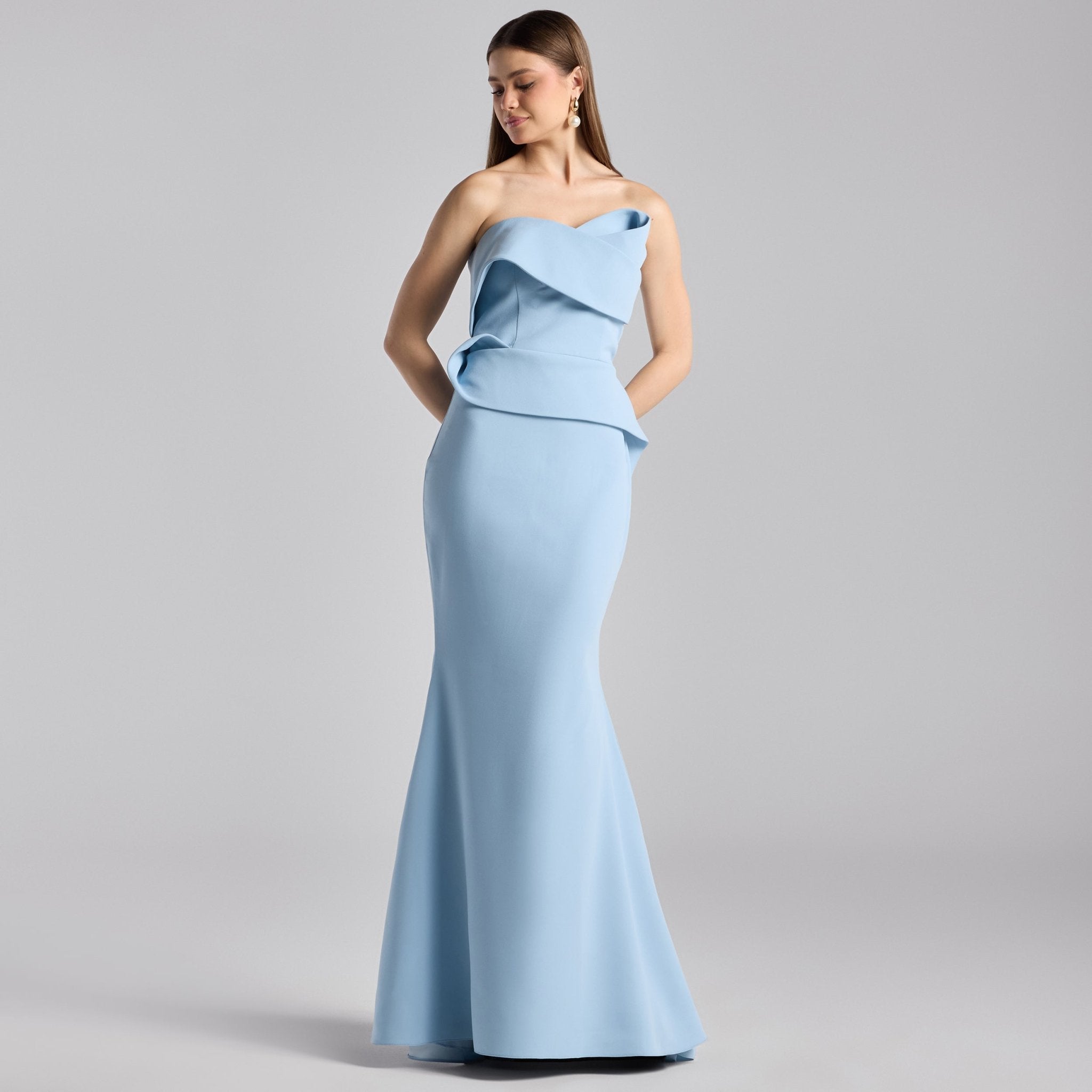 Baby Blue Crepe Gown with Peplum Drape - shopaleena