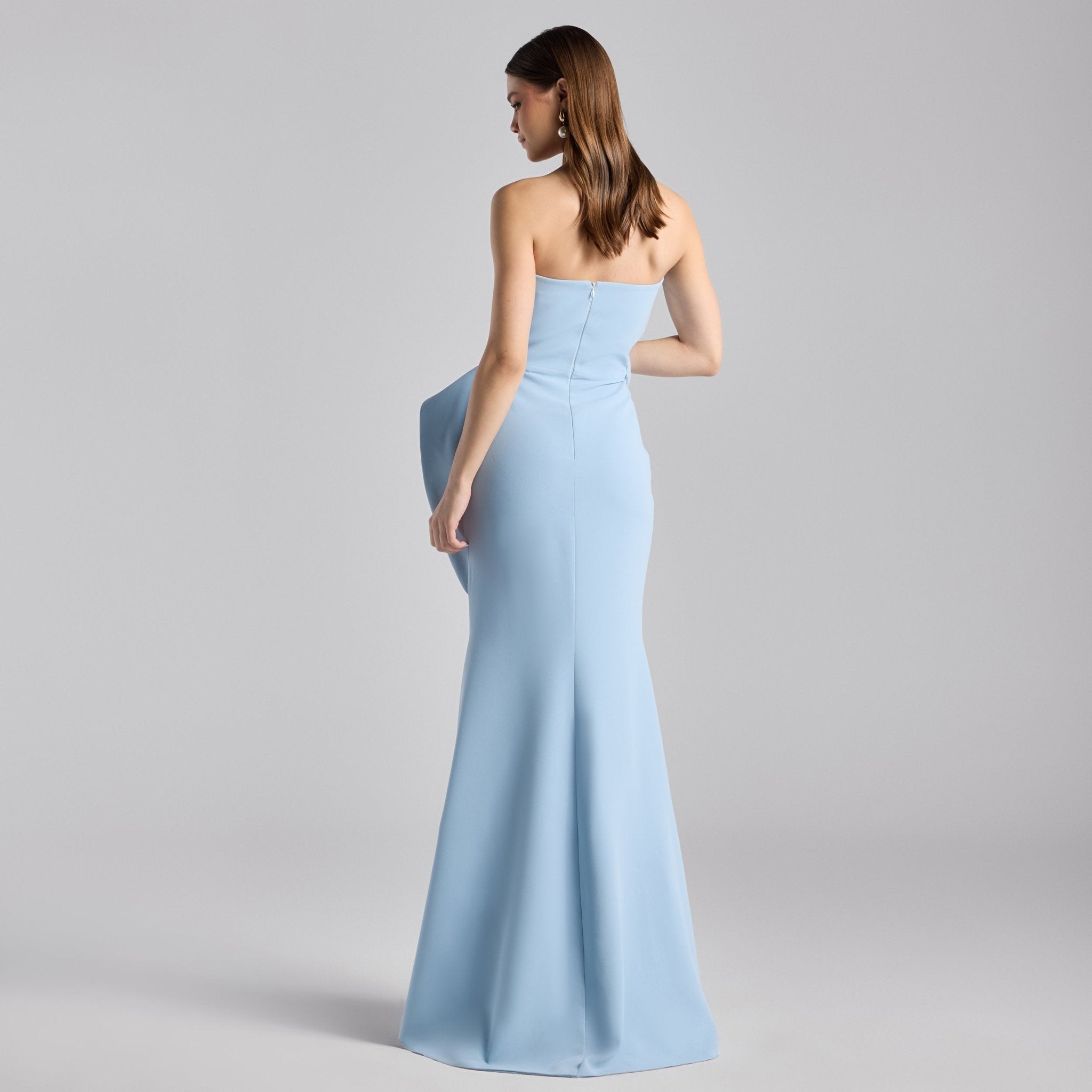 Baby Blue Crepe Gown with Peplum Drape - shopaleena