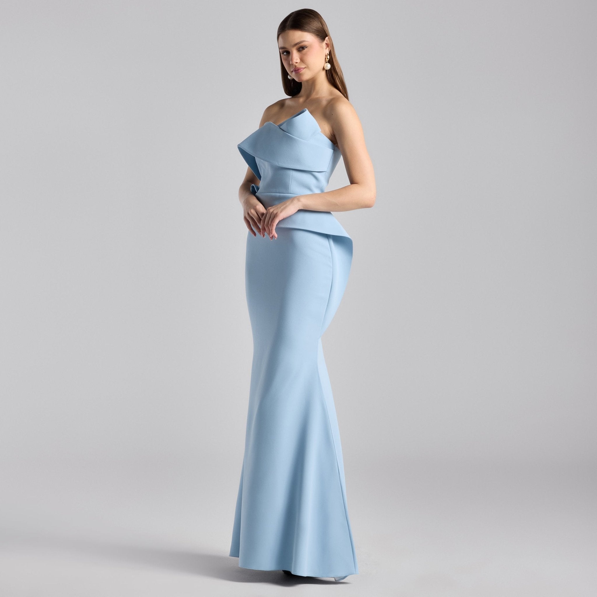 Baby Blue Crepe Gown with Peplum Drape - shopaleena