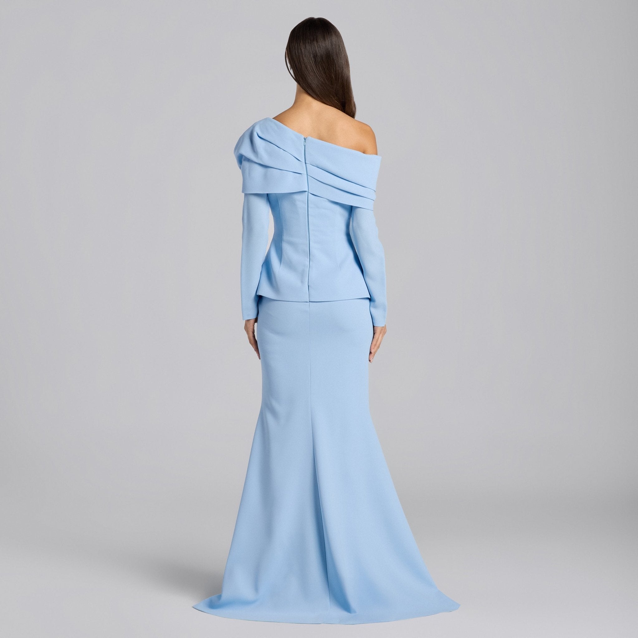 Baby Blue Crepe Off Shoulder Draped Maxi Dress - shopaleena