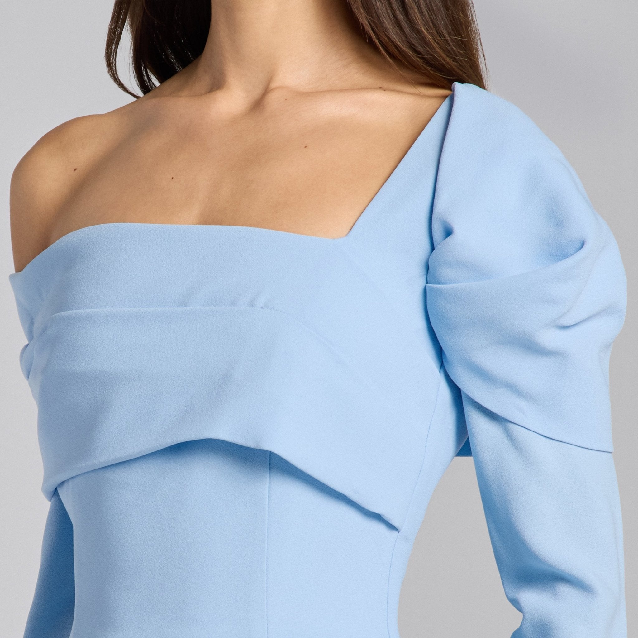 Baby Blue Crepe Off Shoulder Draped Maxi Dress - shopaleena