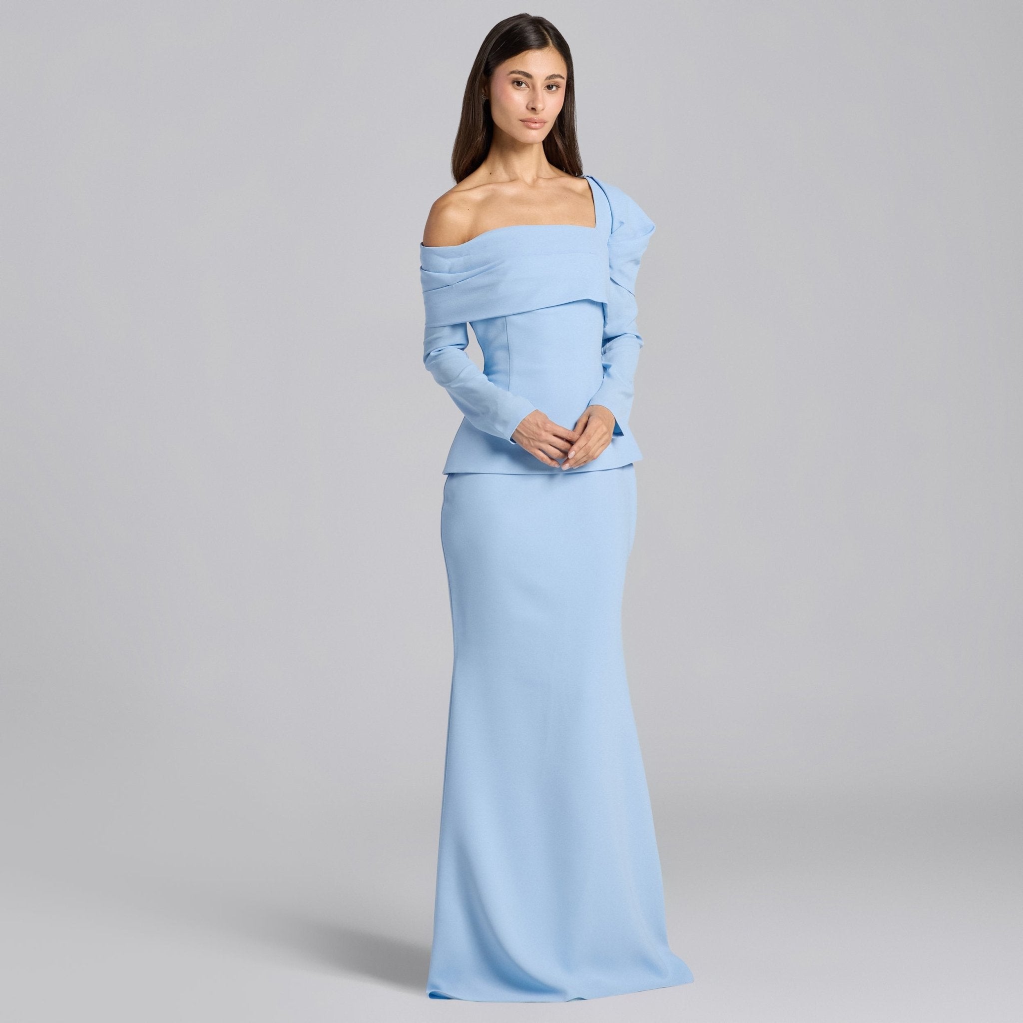 Baby Blue Crepe Off Shoulder Draped Maxi Dress - shopaleena